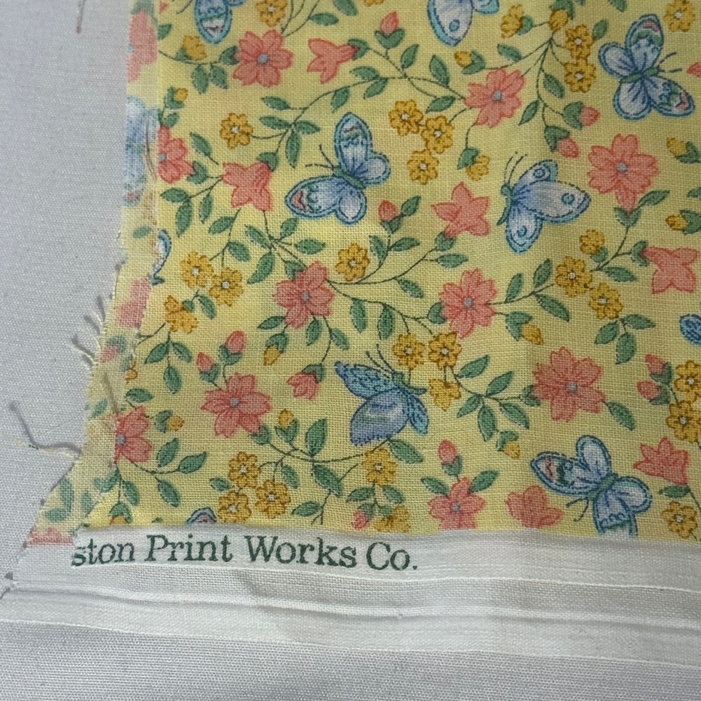 Cranston Print Works Fabric Unisex 44x16 Yellow Floral Butterfly Vintage Cotton